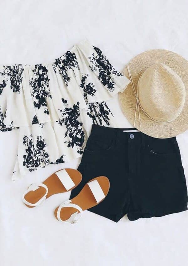 Black-and-white, Off-the-shoulder Ruffle Top