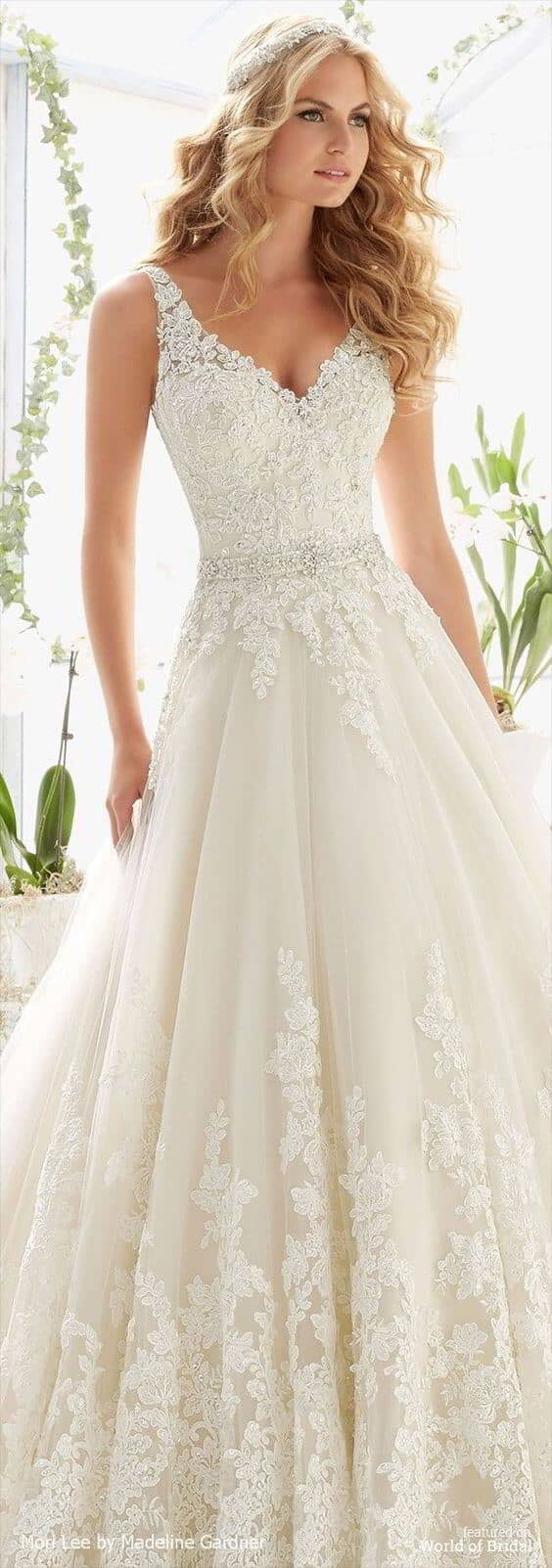 Belted Sleeveless V-neck Lace Bodice Gown with a Lace Hemline