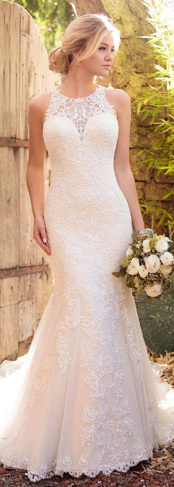All-Over Lace Sleeveless Jewel Neck Mermaid Gown