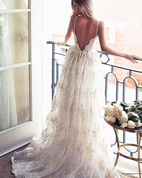 Deep V-Backed Gown in an All-Over Lace Adorned Chiffon