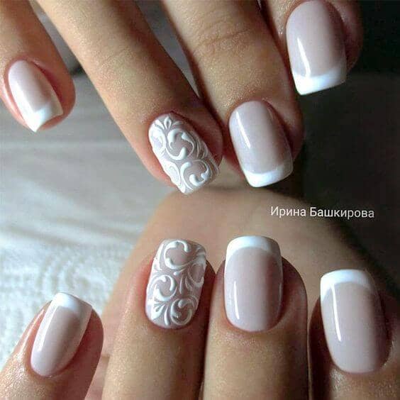 Perfect French Manicure with Fleur Pattern Art