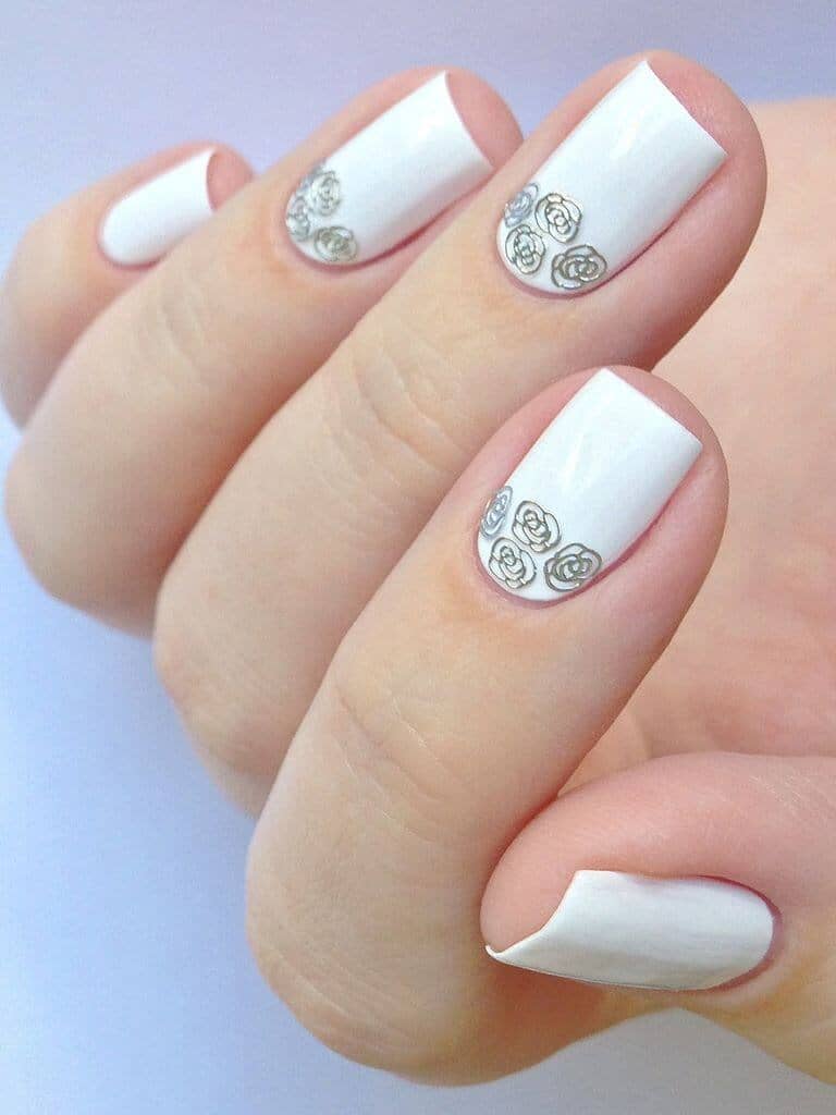 White Wedding Nails with Rose Art