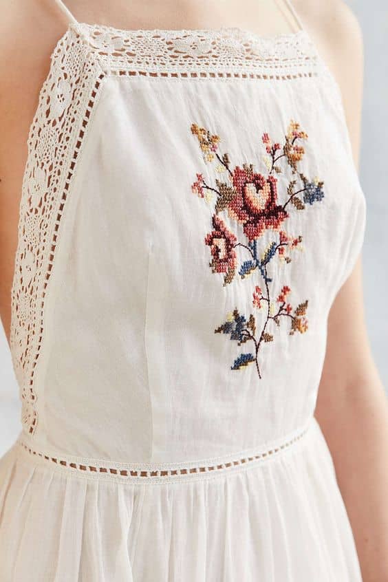 White Dress with Cute Flower Embroidery