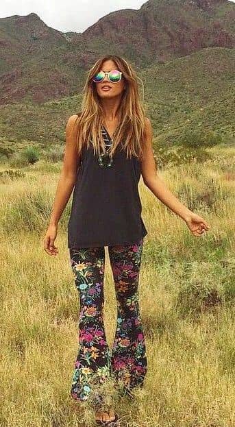 Floral Patterned Flared Pants and Simple Black Top