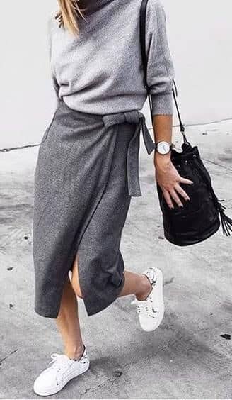 Grey Wool Wrap Skirt With Sweater and Sneakers