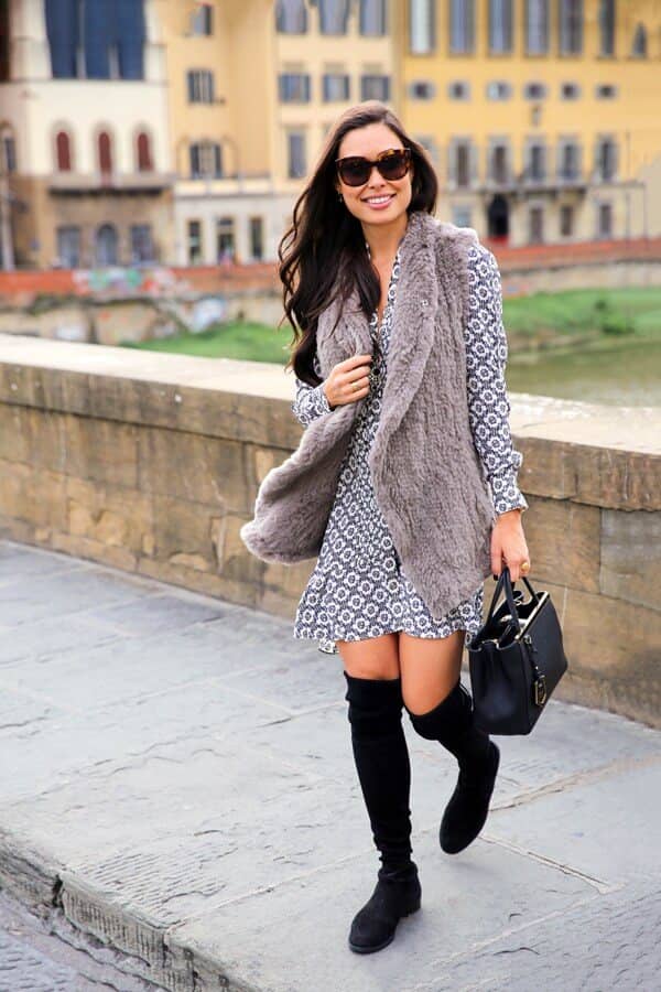 Patterned Dress With Faux Fur Statement Vest