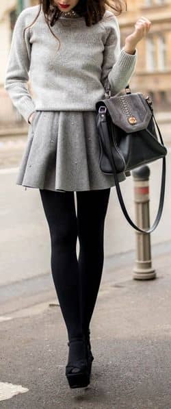 Flared Wool Miniskirt With Sweater, Tights And Heels