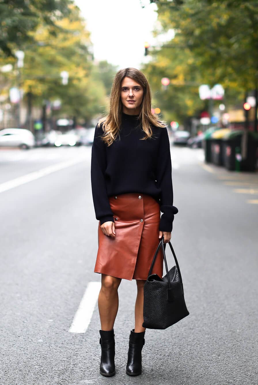 Button Front, Knee-length Leather Skirt