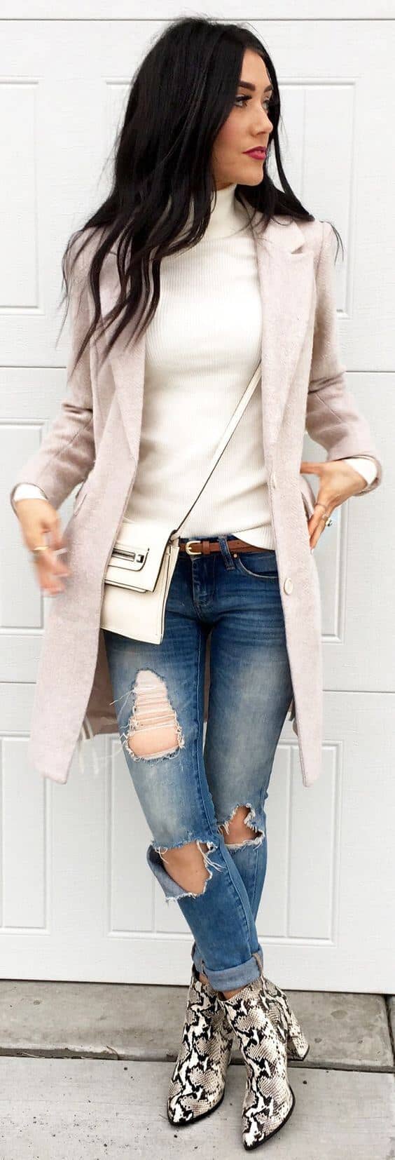 Pristine White Turtleneck Accented by Stone-colored Duster