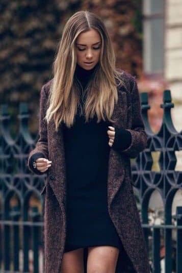 Black Turtleneck Dress in Charcoal Burgundy Coat