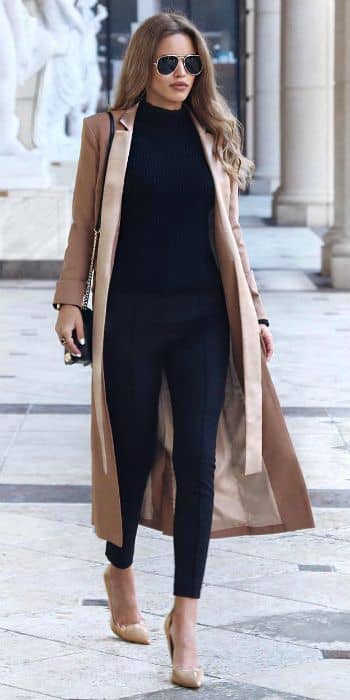 Black Turtleneck in Proper Form with Beige Trench Coat