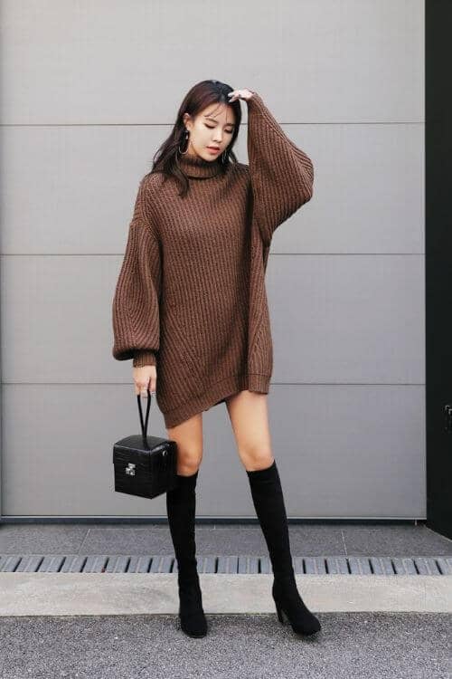 Brown Sweater Dress with Roomy Sleeves