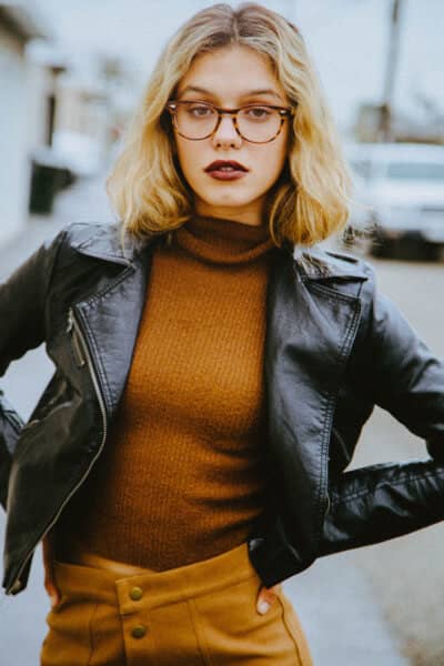 Mustard Turtleneck with Leather Jacket