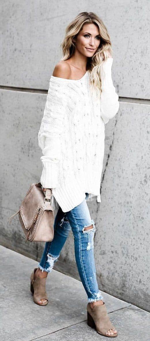 Ripped Jeans And Sweaters In Cream