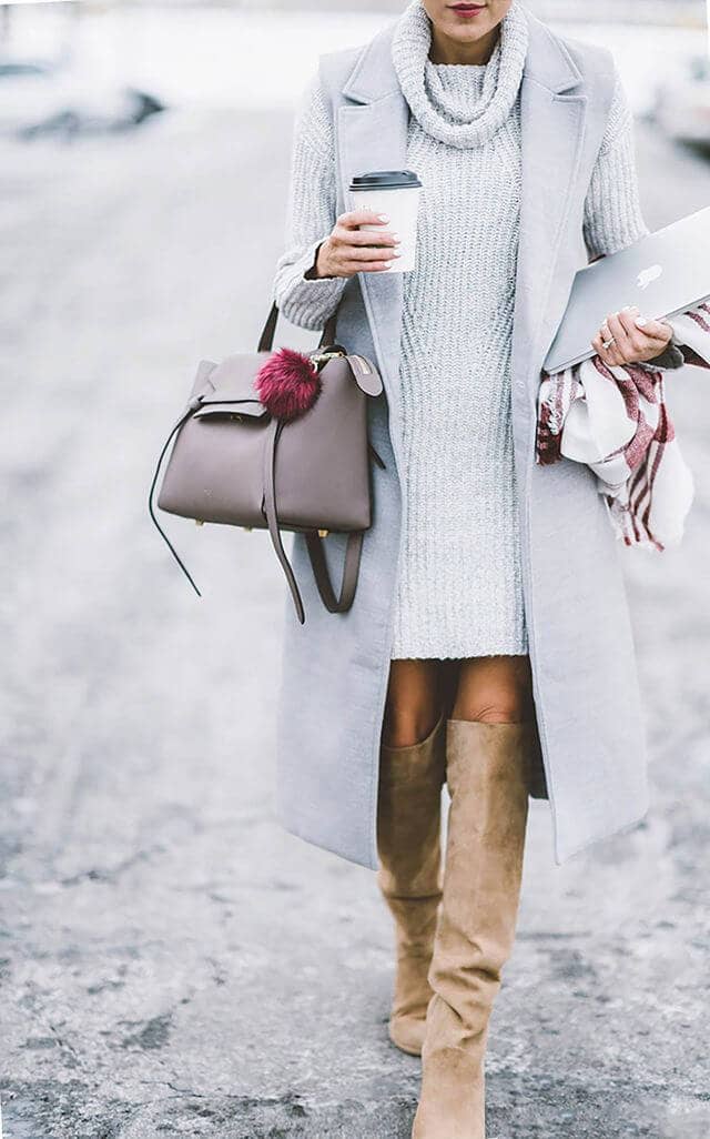 Light Gray Cowl Neck Dress in Matching Gray Trench Coat