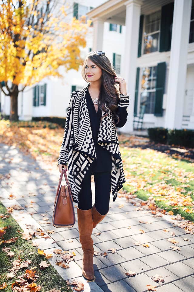 Patterned Cardigan with Brown Boots