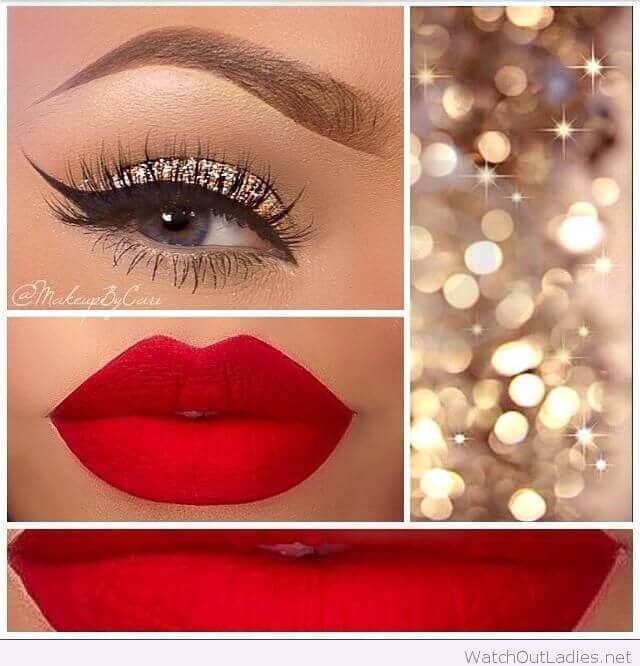 Glitter Shadow, Winged Liner, and Red Lips