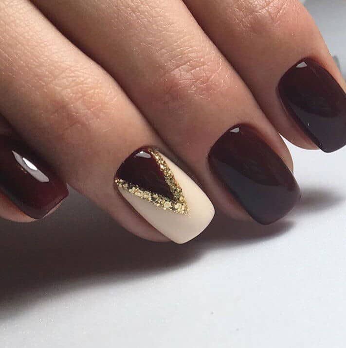 Burgundy With Ivory And Gold Accent Nail