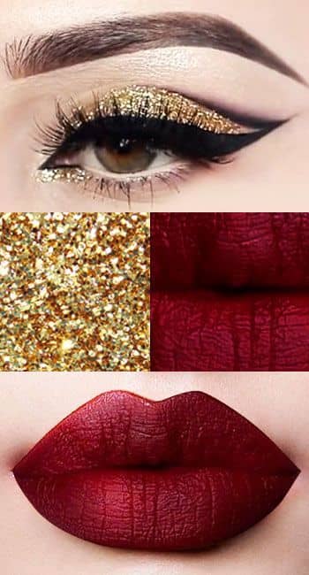 Gold Glitter Eyes and Deep Red Lips