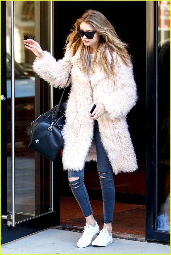 Knee-length Crimped Blush Fur With Jeans