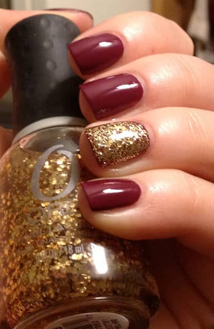 Cranberry With Gold Glitter Accent Nail