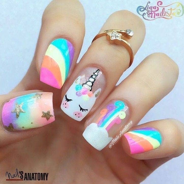 Bright Rainbow And Unicorn Nail Art