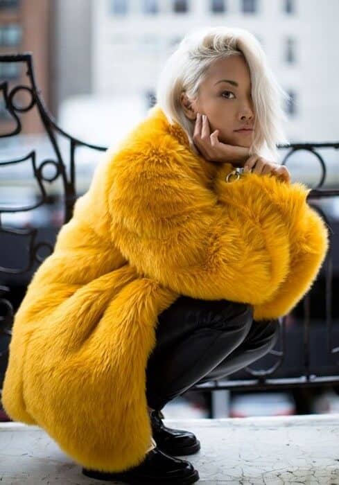 Yellow Oversized Coat, Black Leather Leggings