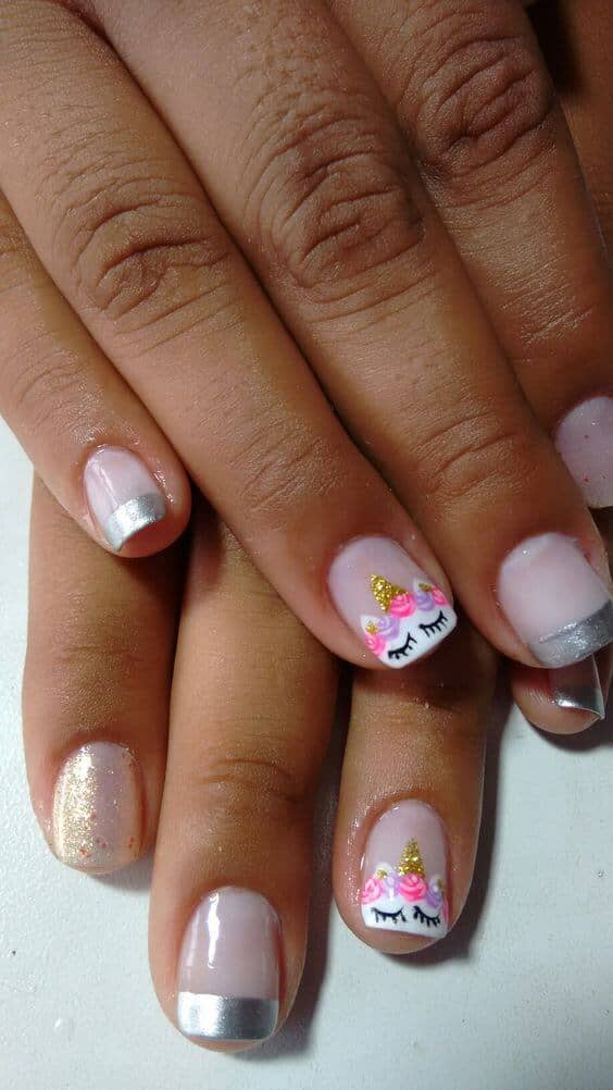 Silver-tipped French Manicure With Unicorn Art