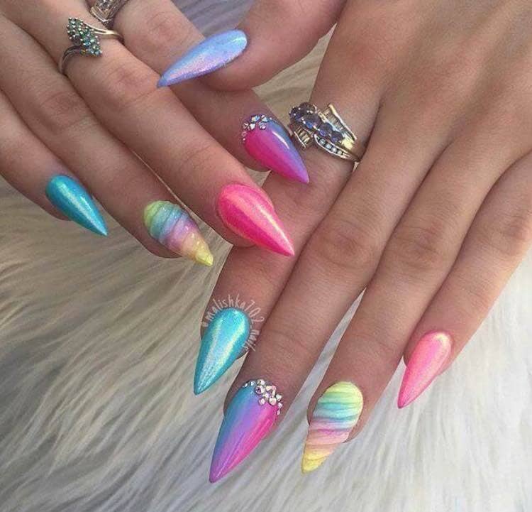 Multicolored Neon Rainbow Stiletto Nails