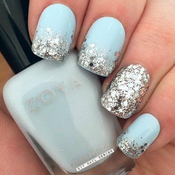 Ice Blue With Silver Glitter Ombre And Accent Nail