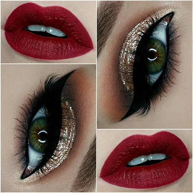 Gold Glitter Smoky Eye and Red Lips