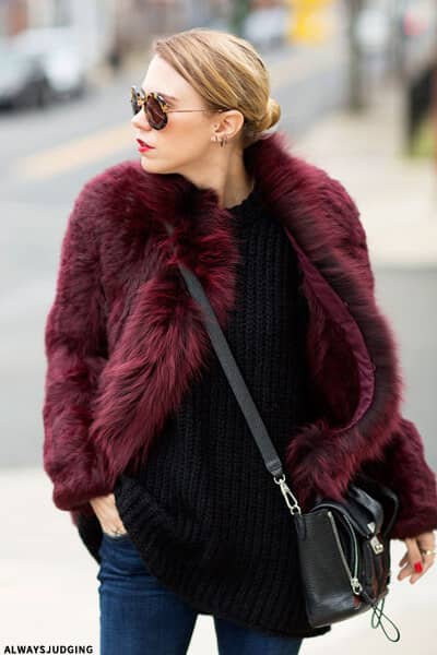 Wine Colored Cropped Faux Fur Jacket