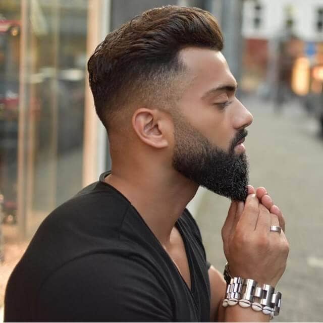 Tight Fade With Connected Beard, Slicked Back Top