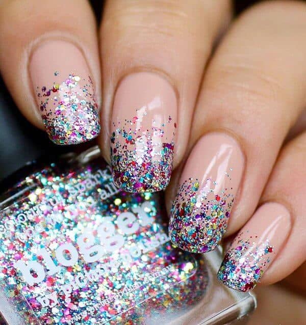 Nude With Multicolored Glitter TipsNude With Multicolored Glitter Tips