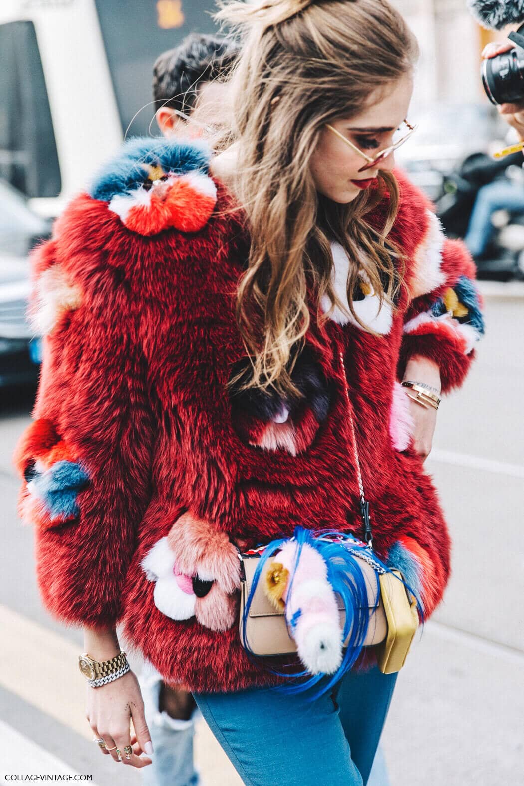 Scarlet Faux Fur With Colorful Floral Embellishments