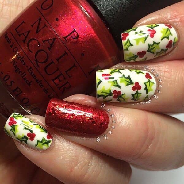 Glittery Red With Holly Nail Art