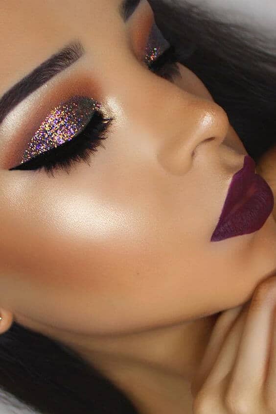 Maroon Lips and Matching Glitter Eyes