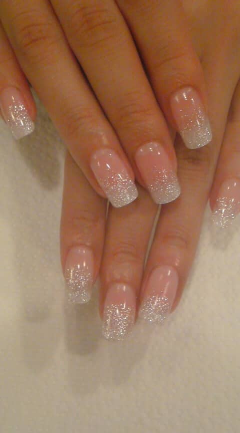 French Manicure With White Glitter Ombre Tips