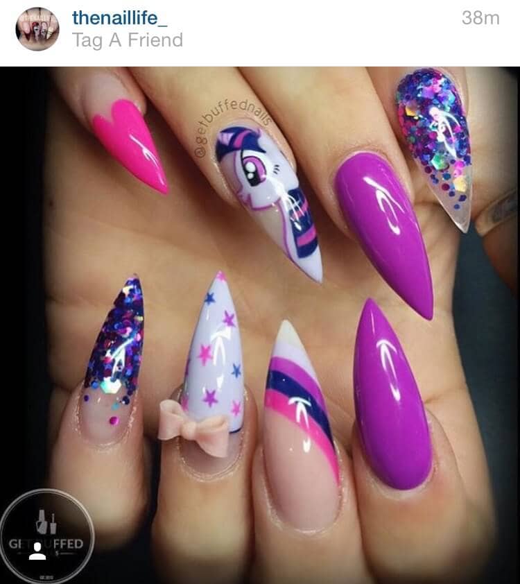 Glossy Pink, Blue And Purple Unicorn Nail Design