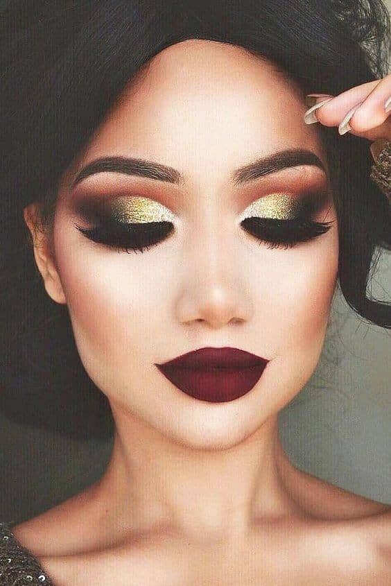 Metallic Smoky Eyes With Maroon Lips