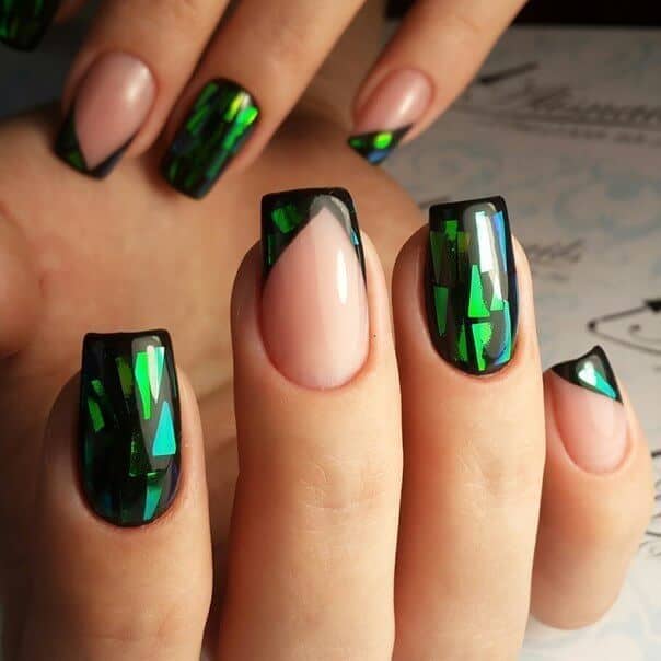 Nude Nails With Prismatic Green Accents