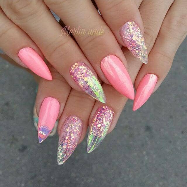 Holographic Glitter Nails with Pink Accents