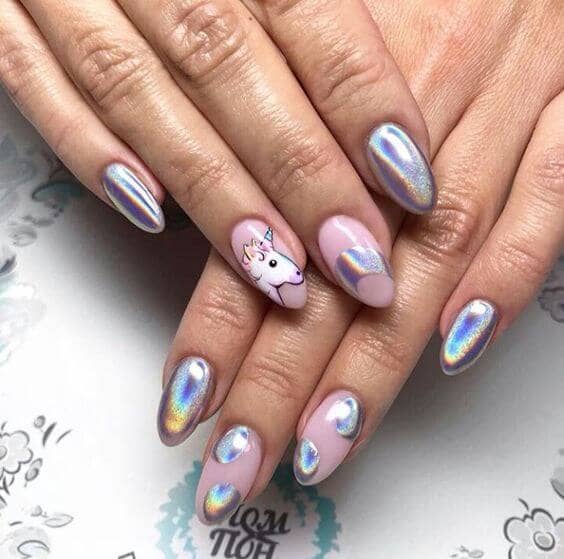 Metallic Nails with Unicorn Designs