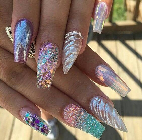 Designer Nails with Glitter and Metallic Features