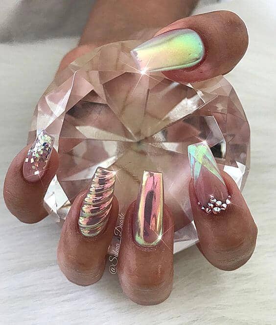 Pink Chrome Nails with Bejeweled Unicorn Magic
