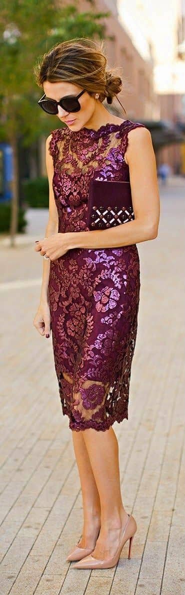 Eggplant Brocade Lace Dress With Nude Pumps