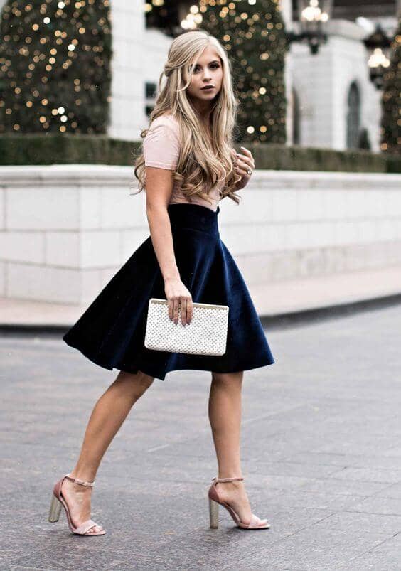 Blush Tee, Velvet Circle Skirt, Neutral Sandals