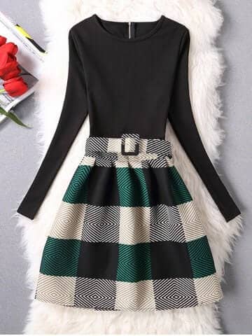 Round Neck Black Tee With Plaid Wool Circle Skirt