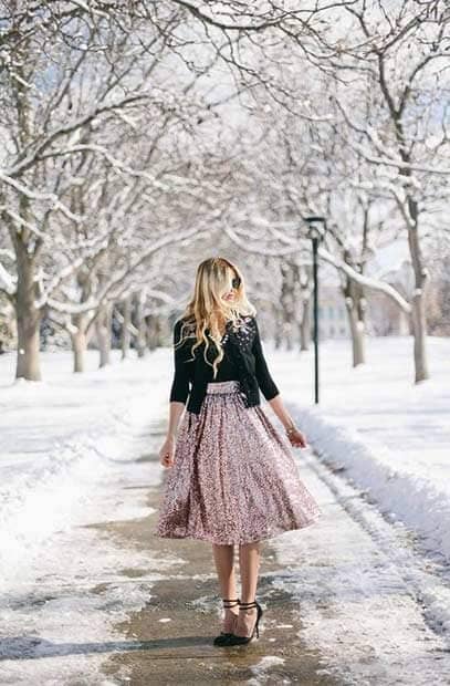 Pink Sequined Midi-skirt With Twinset And Black Pumps