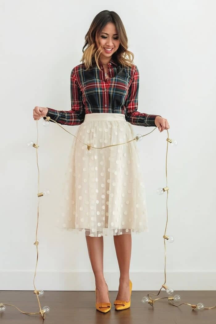 Creme Full Skirt, Fitted Flannel Shirt, And Satin Pumps